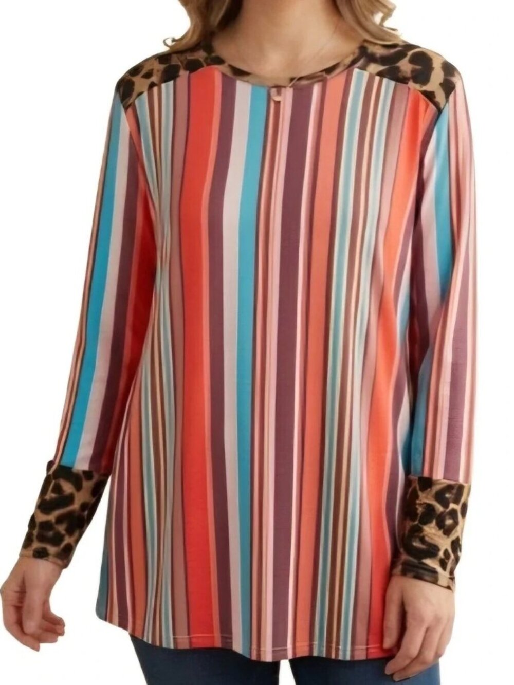 Southern Stitch Bright Mixed Media Top NWT Multicolor Striped Animal Print Red